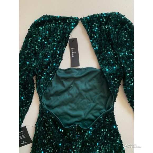 Lulus XS Marvelous Radiance Emerald Sequin Cutout Long Sleeve Mini Dress NWT - Picture 7 of 17
